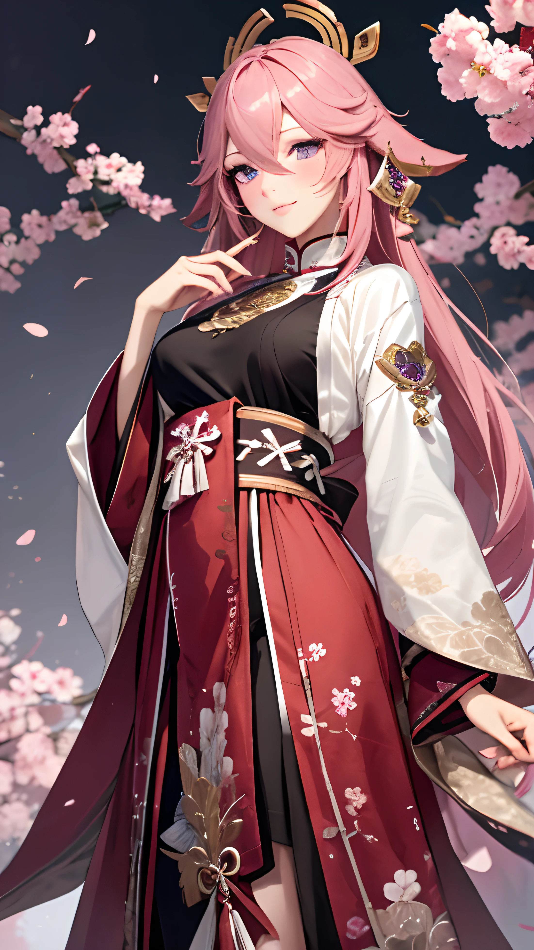 luxury dark red clothes, large chinese clothes, large hanfu, gold embroidery, long skirt, genshin impact, yae miko (pink hair, long hair, purple eyes, glowing eyes), ((best quality)), ((masterpiece)), (detailed), highly detailed skin, ((ultra-detailed)), (beautiful detailed eyes), perfect hand, mature women, detailed real skin, flirtatious smile, blush, small breast, looking at viewer, side view, sakura flowers, dark backgrounds, long chinese clothes, long hanfu, gold embroidery, long skirt, open eyes, chic jacket, flirtatious eyes, full red outfit, half body,  yaemikodef,