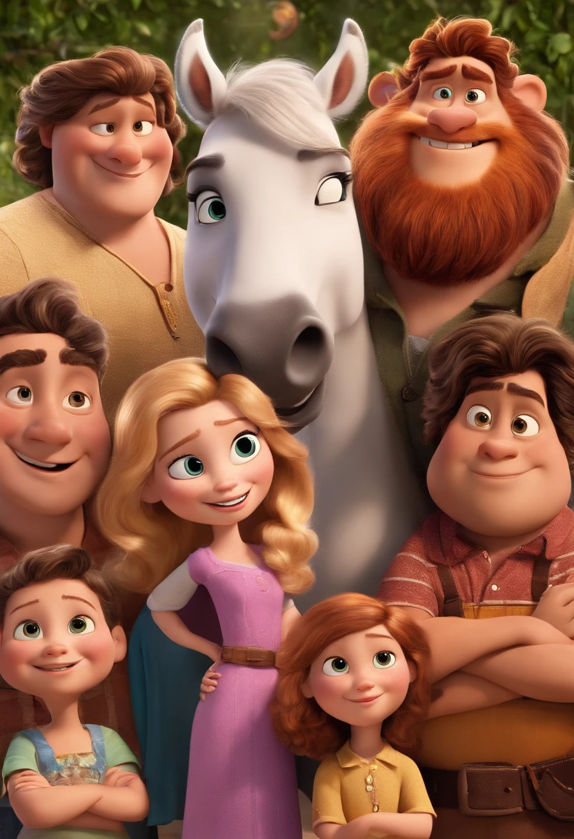 a Disney Pixar movie poster showing a white-skinned family. The father is the tallest, Tem barba curta, loiro, cabelos curtos e espinhosos. The mother has brown eyes and hair, shoulder-length and is slightly overweight. A menina tem 4 anos e cabelos castanhos, roupa rosa e rabos de cavalo. The background is a beach garden. 3D-rendering