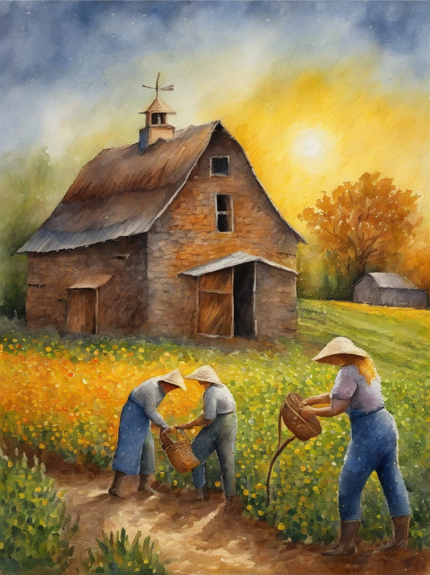 Van Gogh::Style Pointillism style、women working on farm.、Light dots、highly detailed ::n_Style anime、photoreallistic、diffe、Hitch、High contrast、noisy ::Seed 1000