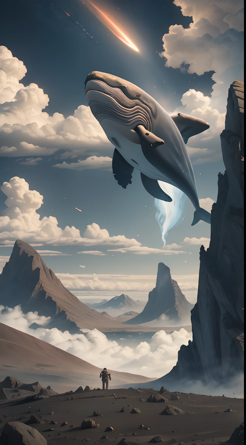 (masterpiece), austronaut looking to a whale flying, the whale is in the top of the image, from side giant whale, low angle, back view, austronaut suit,[:(mars:1.3):8] white suit, wide shot,mountains,valleys, beautiful clouds, (perfect whale),magical,cinematic, surrealism, professional image, intricate, detailed, epic,a dream like image,the impossible, the image transmit a freedom feeling