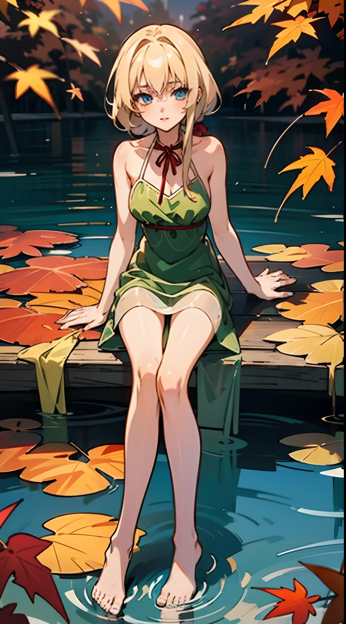 anime styled, Anime Artwork,wink,Clear eyes, Pretty lips, Beautiful girl with well-formed face,long eyelashes, Blonde hair tied with a red ribbon, A begging look, Sheer emerald green short dress in sheer fabric, fullnude,bare-legged,Draw the whole body from the top of the head to the toes。Lakeside in autumn,