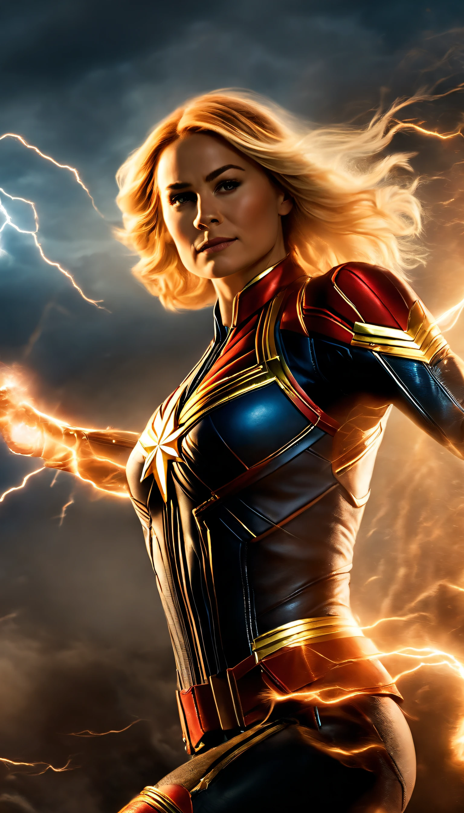 No campo de batalha da tempestade, A woman dressed in a Captain Marvel costume wields a weapon infused with the power of the fire element.( Lightning danced beside her), Echoing the strength of his determination,Because she embodies the power of the forces of nature in battle and the official art, Papel de parede 8k, ultra detalhado, Beautiful and Aesthetic, Beautiful, master part, best quality,(Foco nas coxas para cima),rosto claro,olhos detalhados,(vento,Flowing strands of hair,Fluttering skirt),