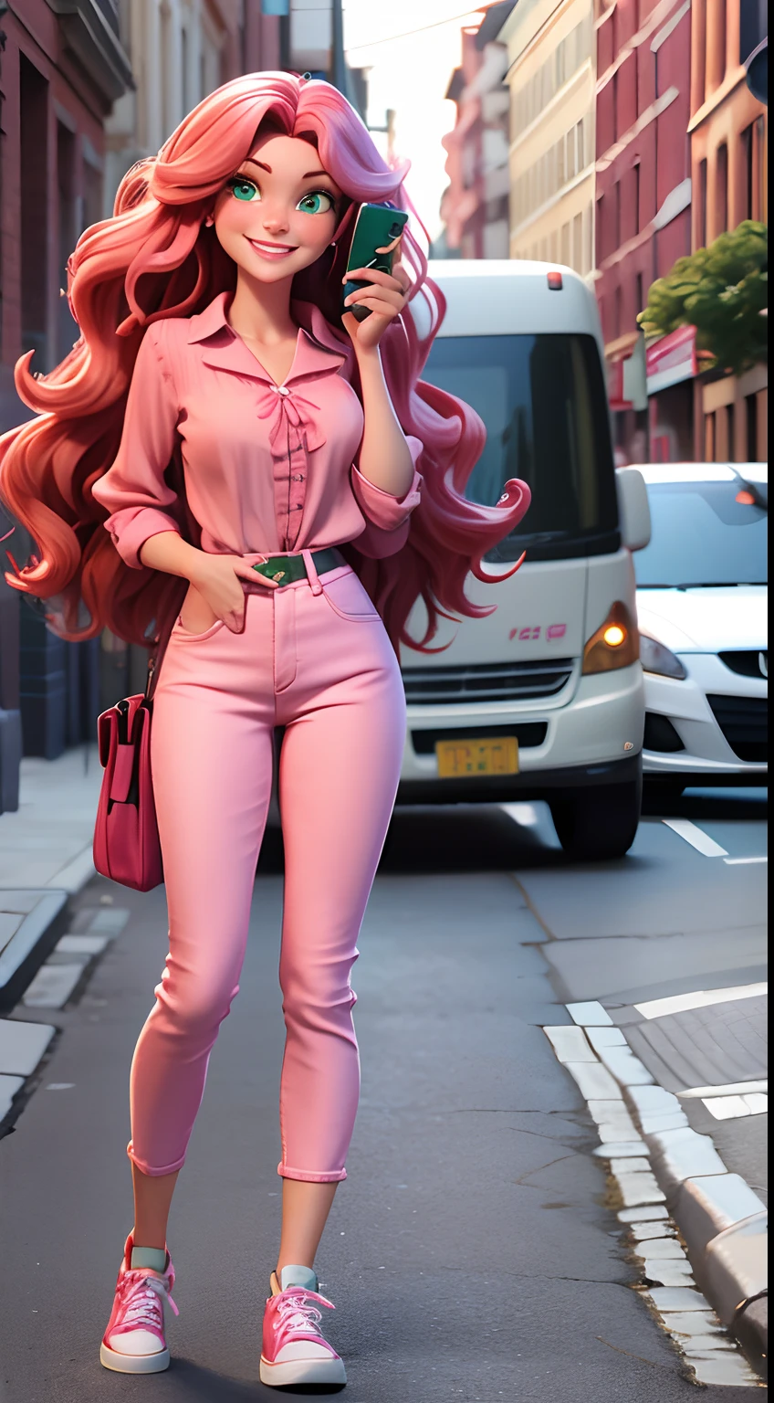 create a Caucasian woman, 3d, with beautiful red wavy hair, wearing jeans and a pink blouse, white sneakers, green eyes, she must have a cell phone in her hand, smiling