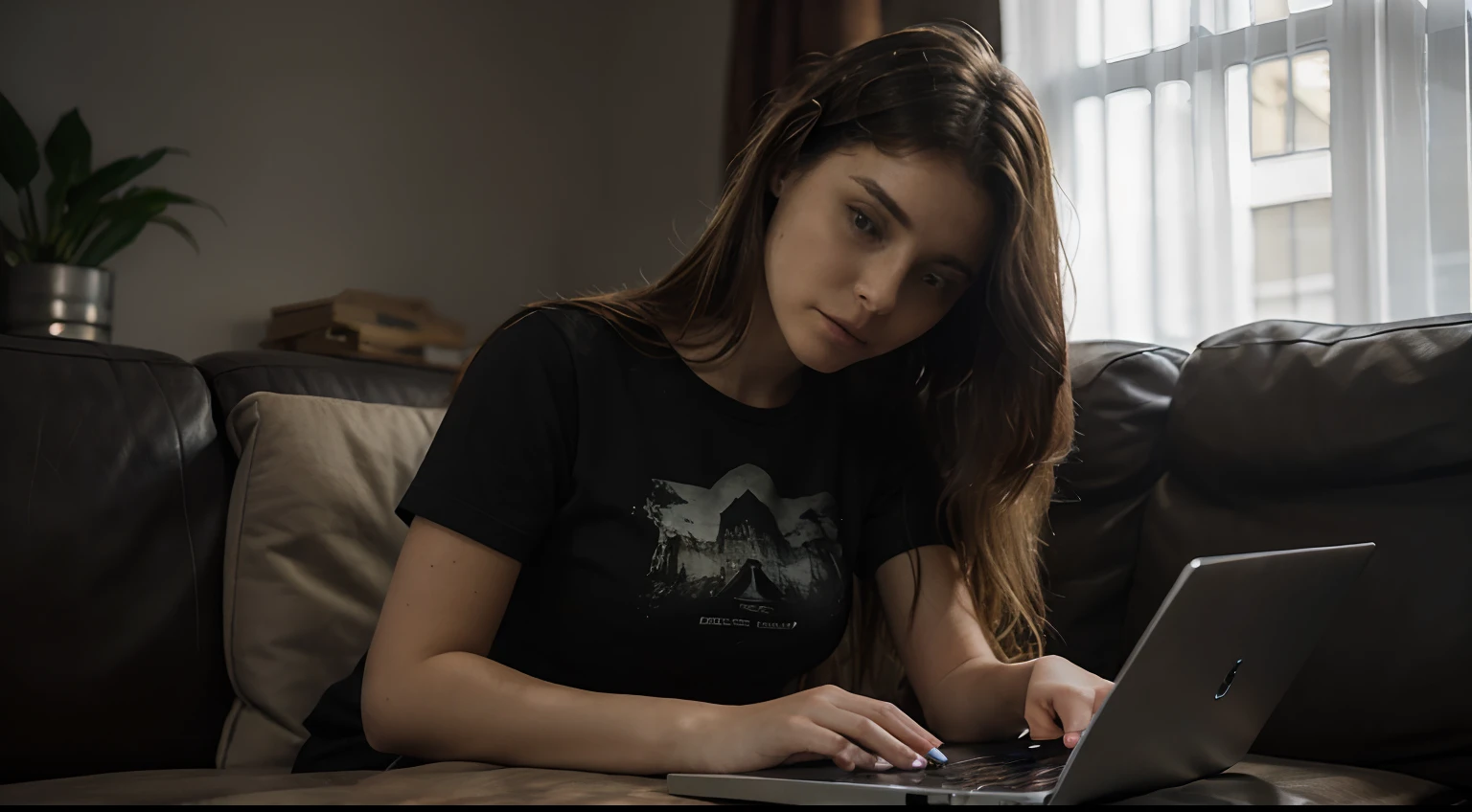 Blonde long haired woman, Woman playing laptop, Woman sitting on couch and doing laptop, Dark House, natta, a photo of, murky, dark lighting, dismal, realistic detailed, a photo of, Black T-shirt, JINS, full shot,