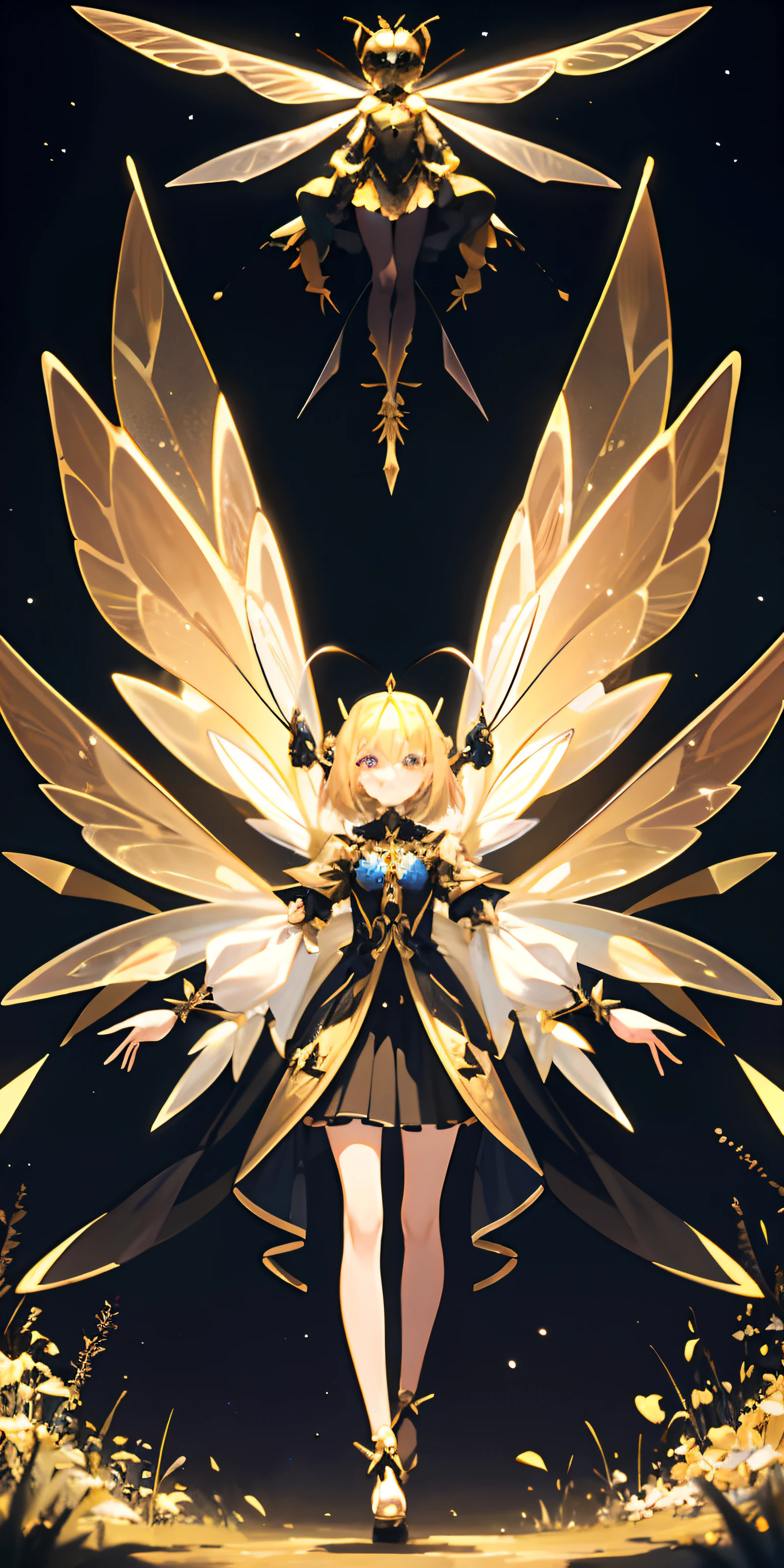 Anthropomorphic humanoid honey bee wearing fantasy regal clothes, antennae, four arms, androgynous, bowing,Meadow at night,starrysky,tmasterpiece