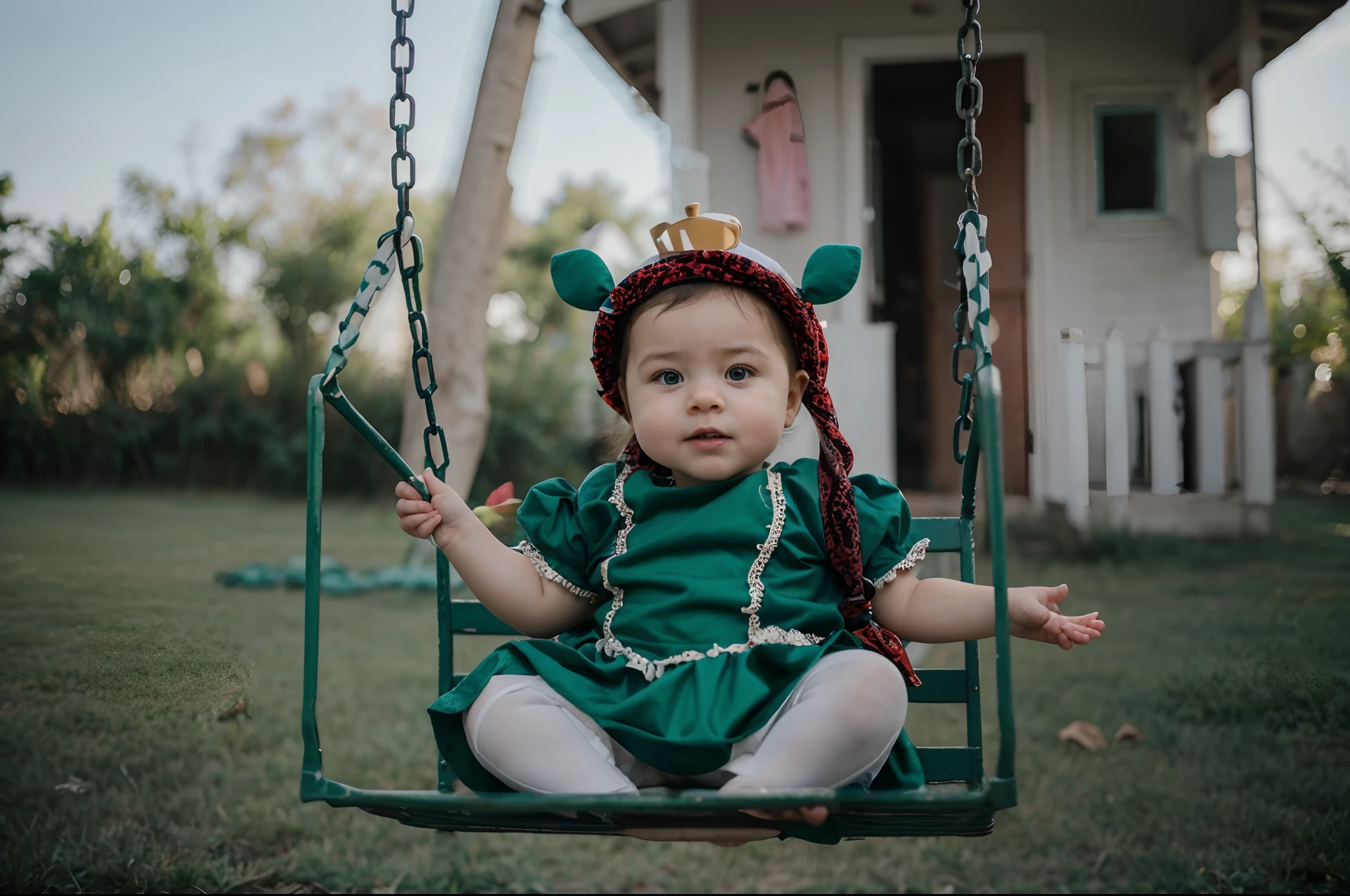 PHOTO HAS A 6-MONTH-OLD CHILD DRESSED AS FIONA A CHILD'S HOUSE IN THE BACKGROUND.