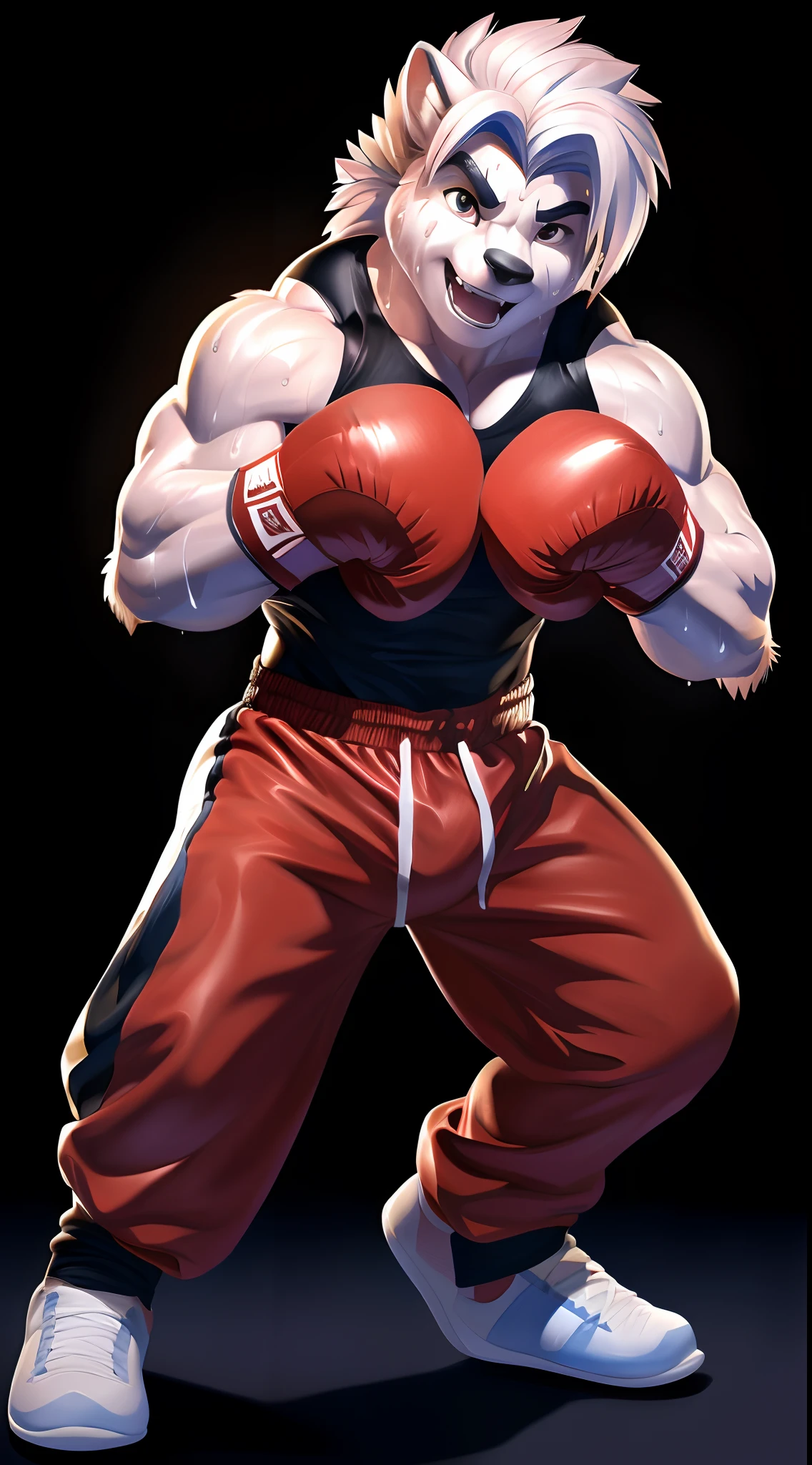 (anthro male dragon), muscular and athletic, wearing red mma gloves and matching boxing shorts, (bruised and battered with sweat dripping down his face), a powerful punch landing right on the muzzle, knocking a tooth out, intense action shot with motion blur.