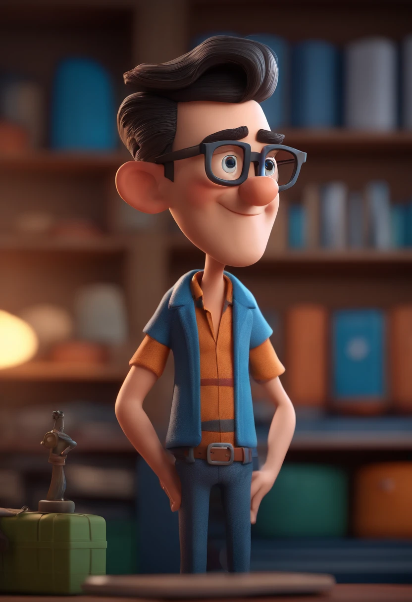 Cartoon character of a man with black glasses and a blue shirt, animation character, Caractere estilizado, animation style rendering, 3D estilizado, Arnold Maya render, 3 d render stylized, toon render keyshot, Personagem 3D, Personagem 3D, 3d rendering stylized, 3 d character render, personagem de desenho animado, Personagem de close up, Pose de personagem,  (Estilo Pixar) (master part:1.2) (Bokeh) (best quality) (pele detalhada) (textura detalhada) (8k) (argila) (Cinematic lighting) (foco nítido