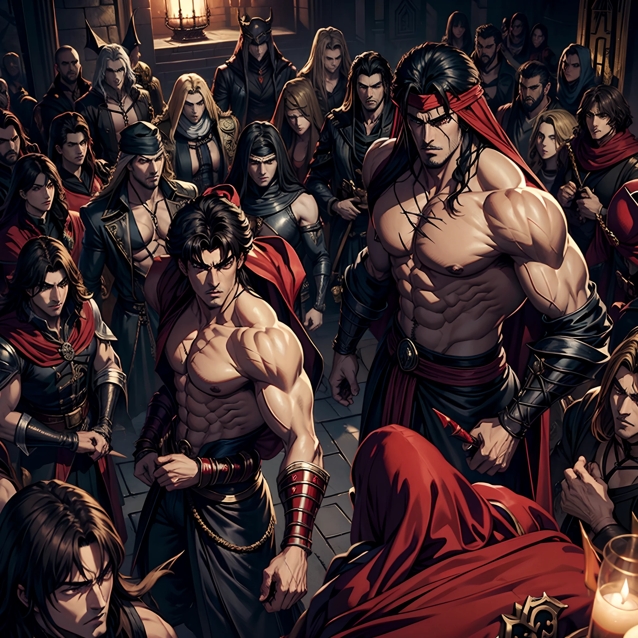 Castlevania Lord of the Shadow Hyper Realistic Super Detailed Dynamic Shooting Centerpiece Moroccan Arab Scene Handsome Muscular Hokuto No Ken Kenshiro with Red Turban Lord Dracula Leading the troops of the demon army into battle Super realistic Sharp details