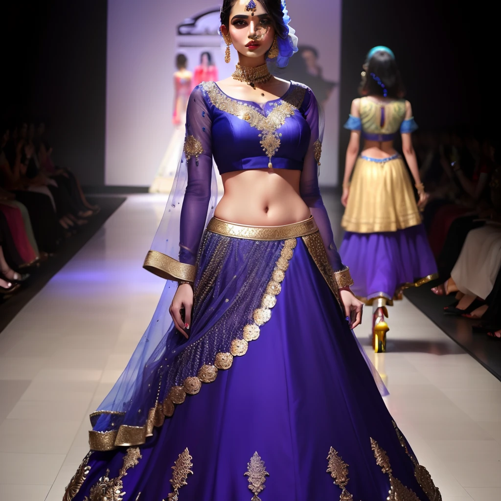 A portrait of a Beautiful Indian model wears a (( violet bridal saree )) ((saree fall)),ornaments, dark background, rim light, key lights, cute models around her, smiling each other, fashion show