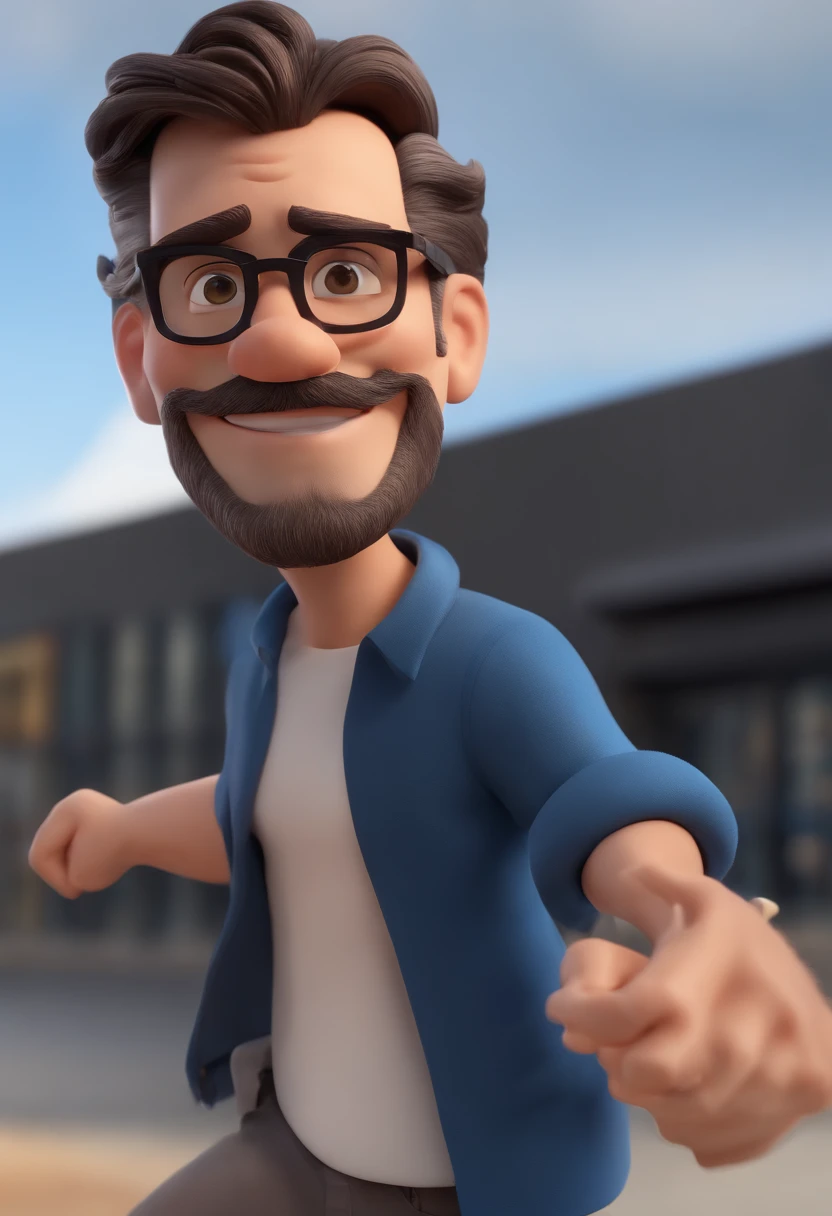 Cartoon character of a man with glasses with blue shape and a black shirt, cabelo ondulado, meia barba, musculoso, animation character, Caractere estilizado, animation style rendering, 3D estilizado, toon render keyshot, Personagem 3D, Personagem 3D, 3d rendering stylized, 3 d character render, personagem de desenho animado, Personagem de frente, Pose de personagem,  (Estilo Pixar) (master part:1.2) (Bokeh) (best quality) (pele detalhada) (textura detalhada) (8k) (argila) (Cinematic lighting) (foco nítido