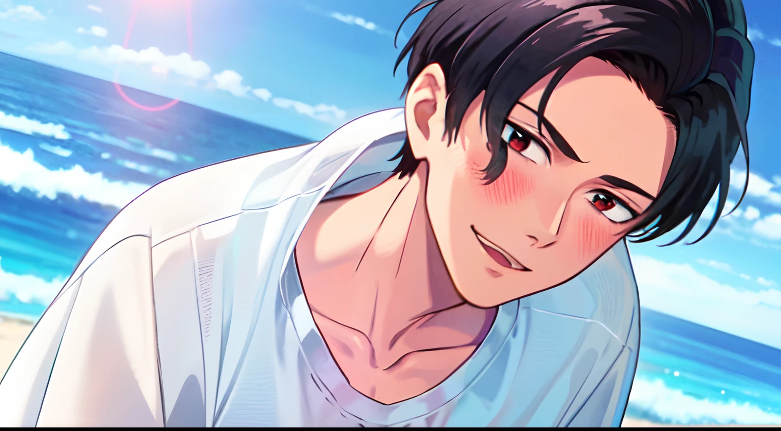 masterpiece, (1Boy), luci, red eyes, black hair, look at viewer, blush, light smile, SHINKAI MAKOTO, (Beach), close up, (blue sky), (white shirt)