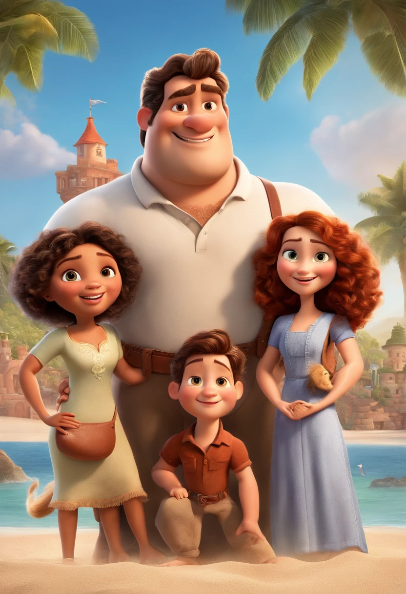 a Disney Pixar movie poster showing a white-skinned family. The father is the tallest, Tem barba curta, loiro, cabelos curtos e espinhosos. The mother has brown eyes and hair, shoulder-length and is slightly overweight. A menina tem 4 anos e cabelos castanhos, roupa rosa e rabos de cavalo. The background is a beach garden. 3D-rendering