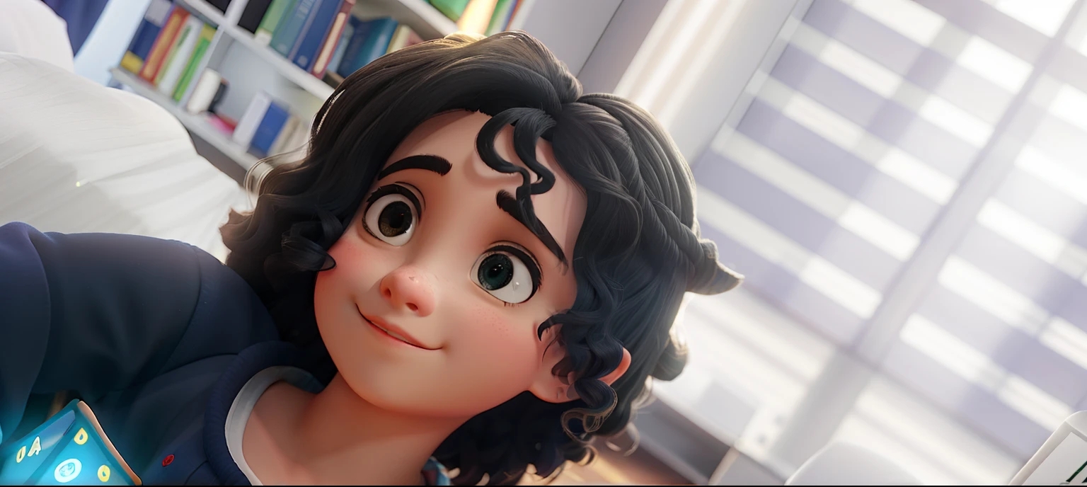 Uma menina parada na frente, illuminated by the light of a lamp, contra o pano de fundo de uma biblioteca