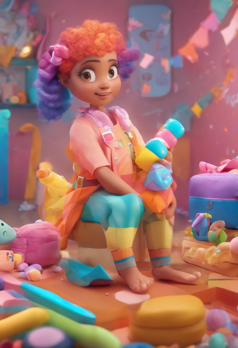 Uma mulher de aproximadamente 35 anos pele morena clara, cabelo pelo ombro liso ondulado. inspired by Pixar animation, de perto. She's surrounded by a collection of colorful bows, In the background, organizer boxes with colorful bows and sewing threads. The focus is on the character, with a captivating facial expression, In a backdrop of light and colorful colors, pastels colors