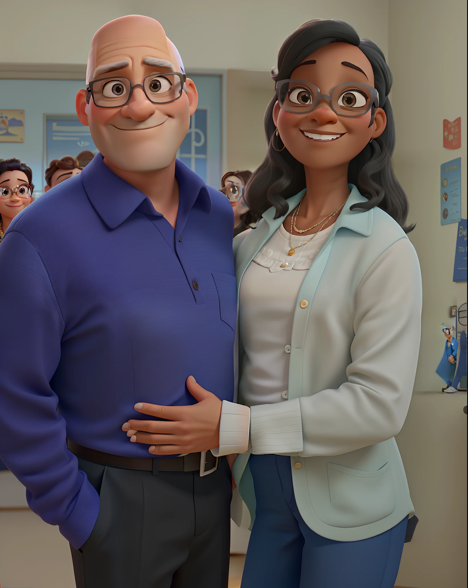 a Disney-Pixar style 3D movie poster depicts a couple in their 50s, a bald white man with clear glasses and a black woman with clear glasses, dressed up to go to church