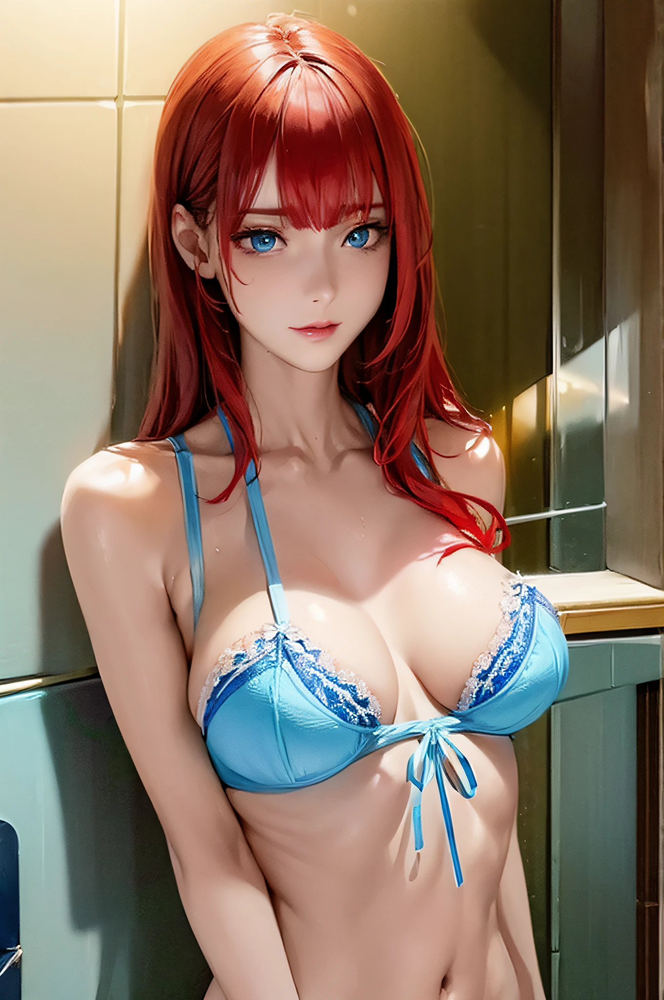 nsfw:1.5,masterpiece, best quality, high quality, high definition, high quality texture, high quality shadow, high detail, beautiful detailed, fine detailed, extremely detailed cg, detailed texture, a realistic representation of the face, realistic, colorful , delicate, cinematic light, side light, Lens Flare, Ray Tracing, (intricate detail, makeup, PureErosFace_V1:0.5), (detailed beautiful delicate face, detailed beautiful delicate blue eyes, a face with perfect proportion, high detailed skin, detailed skin, best relationship with four fingers and one thumb, arms under the chest, medium-sized breasts, wide hips, smooth midriff, thin, blue sky, blue-white sea with waves, good condition, very transparent lingerie, (red head)