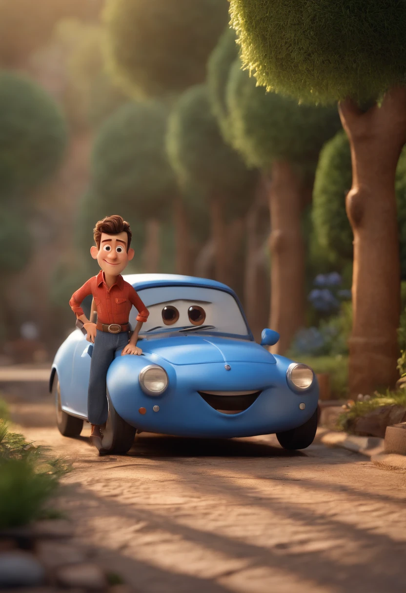 Pixar 3D cartoon character of a man in blue dress shirt sticking out of his pants, Denim Jeans Pants, black sneakers, animation character, barba curta, nariz arrebitado pequeno, orelhas pequenas, cabelos para cima,, rosto fino, com imagem de fundo no centro de uma cidade, Caractere estilizado, animation style rendering, 3D estilizado, Arnold Maya render, 3 d render stylized, toon render keyshot, Personagem 3D, Personagem 3D, 3d rendering stylized, 3 d character render, personagem de desenho animado, Personagem de close up, Pose de personagem, (Estilo Pixar) (master part:1.2) (Bokeh) (best quality) (pele detalhada) (textura detalhada) (8k) (argila) (Cinematic lighting) (foco nítido
