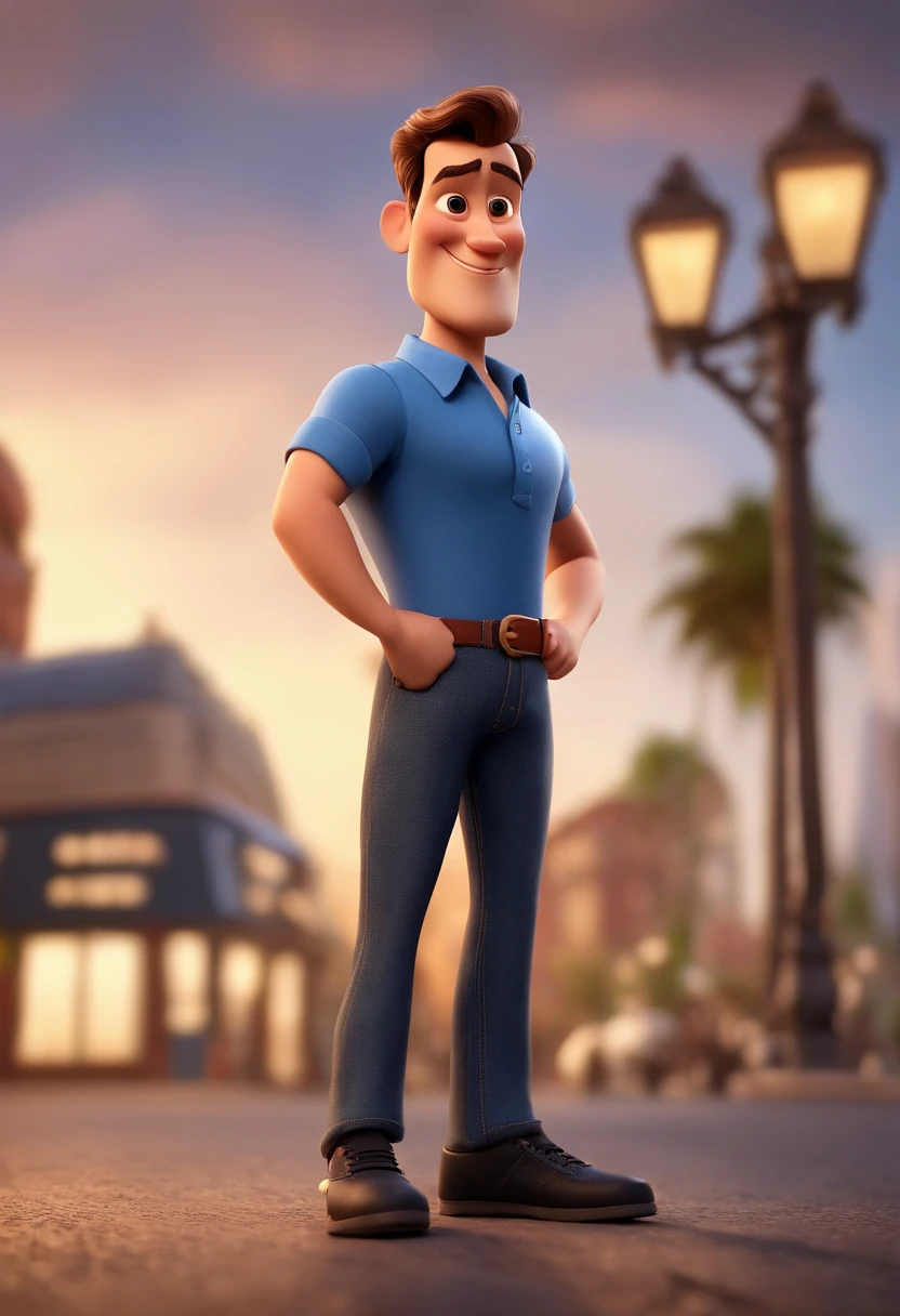 Pixar 3D cartoon character of a man in blue dress shirt sticking out of his pants, Denim Jeans Pants, black sneakers, animation character, barba curta, nariz arrebitado pequeno, orelhas pequenas, cabelos para cima,, rosto fino, com imagem de fundo no centro de uma cidade, Caractere estilizado, animation style rendering, 3D estilizado, Arnold Maya render, 3 d render stylized, toon render keyshot, Personagem 3D, Personagem 3D, 3d rendering stylized, 3 d character render, personagem de desenho animado, Personagem de close up, Pose de personagem, (Estilo Pixar) (master part:1.2) (Bokeh) (best quality) (pele detalhada) (textura detalhada) (8k) (argila) (Cinematic lighting) (foco nítido