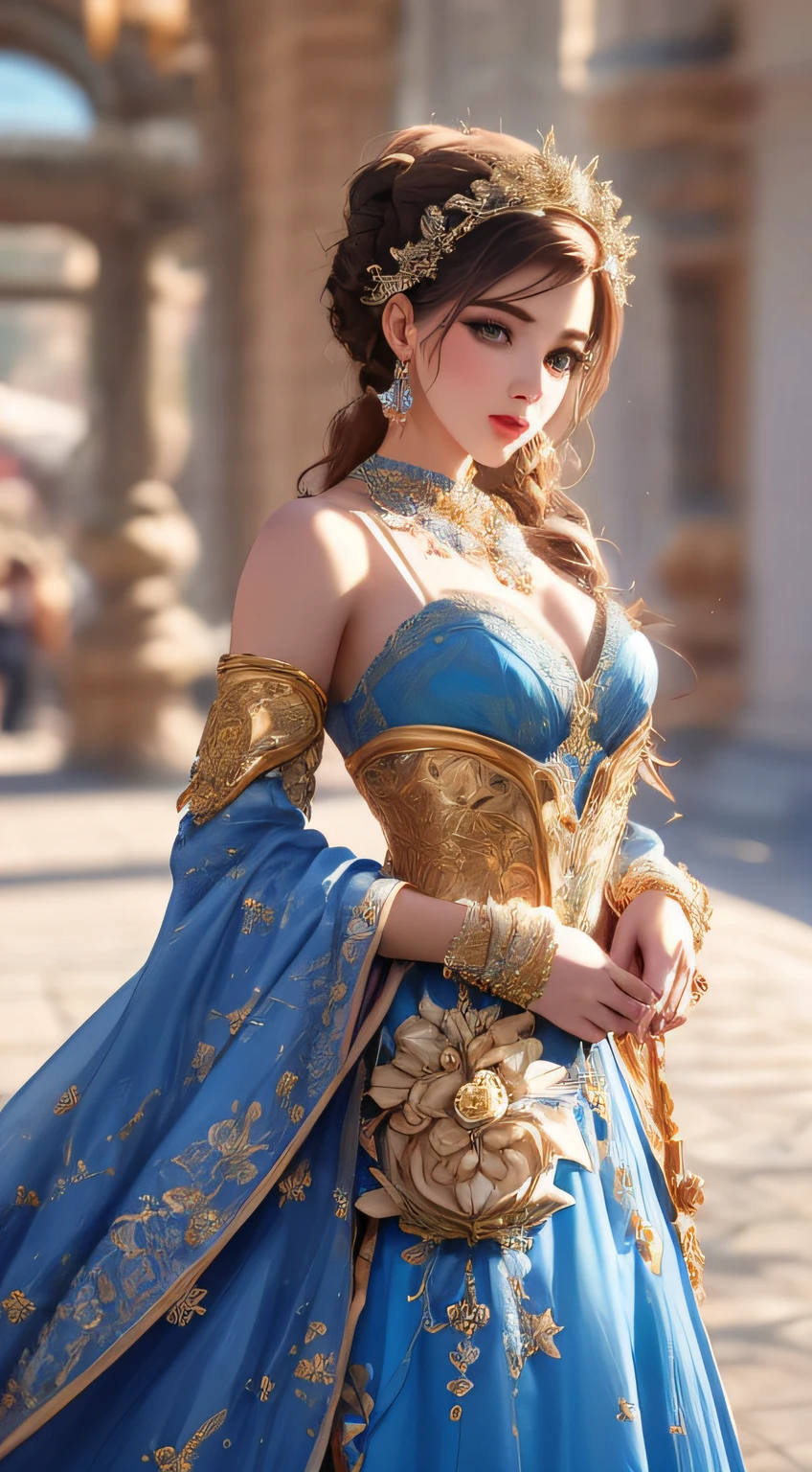 Beautiful princess in blue and gold corset and suit, Majestic look, very detailed Artgerm, ArtGerm. high detailing, artgerm detailed, Style ArtGerm, artgerm style, in style of artgerm, samira from league of legends, cinematic goddess body shot, style of artgerm, alena aenami and artgerm