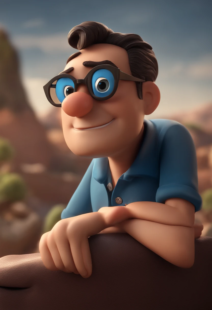 Cartoon character of a man with black glasses and a blue shirt, animation character, Caractere estilizado, animation style rendering, 3D estilizado, Arnold Maya render, 3 d render stylized, toon render keyshot, Personagem 3D, Personagem 3D, 3d rendering stylized, 3 d character render, personagem de desenho animado, Personagem de close up, Pose de personagem, (Estilo Pixar) (master part:1.2) (Bokeh) (best quality) (pele detalhada) (textura detalhada) (8k) (argila) (Cinematic lighting) (foco nítido