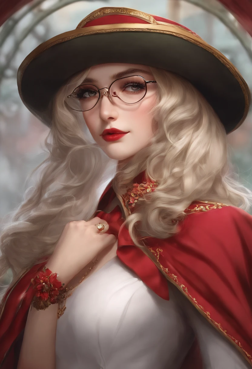 ((master part, best quality)), Aston Machan (Umamusume),, sorrir, seios grandes, parte superior do corpo, , mangas compridas, camisa branca, Frescuras, saia verde, button, coxas pretas, suspender, , eyeglass, red-framed eyewear, red hat crown, , olhos loucos, olho brilhante, ,