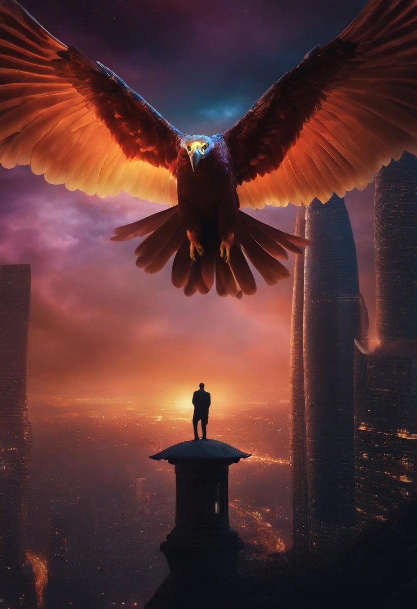 A bottom-up perspective,There is a huge bird in the sky,The mythical Peng Bird,Cities below, eerie, Creepy, nightmarish, Very bright colors, Light particles, with light glowing, Mshiv, wallpaper art, UHD wallpaper