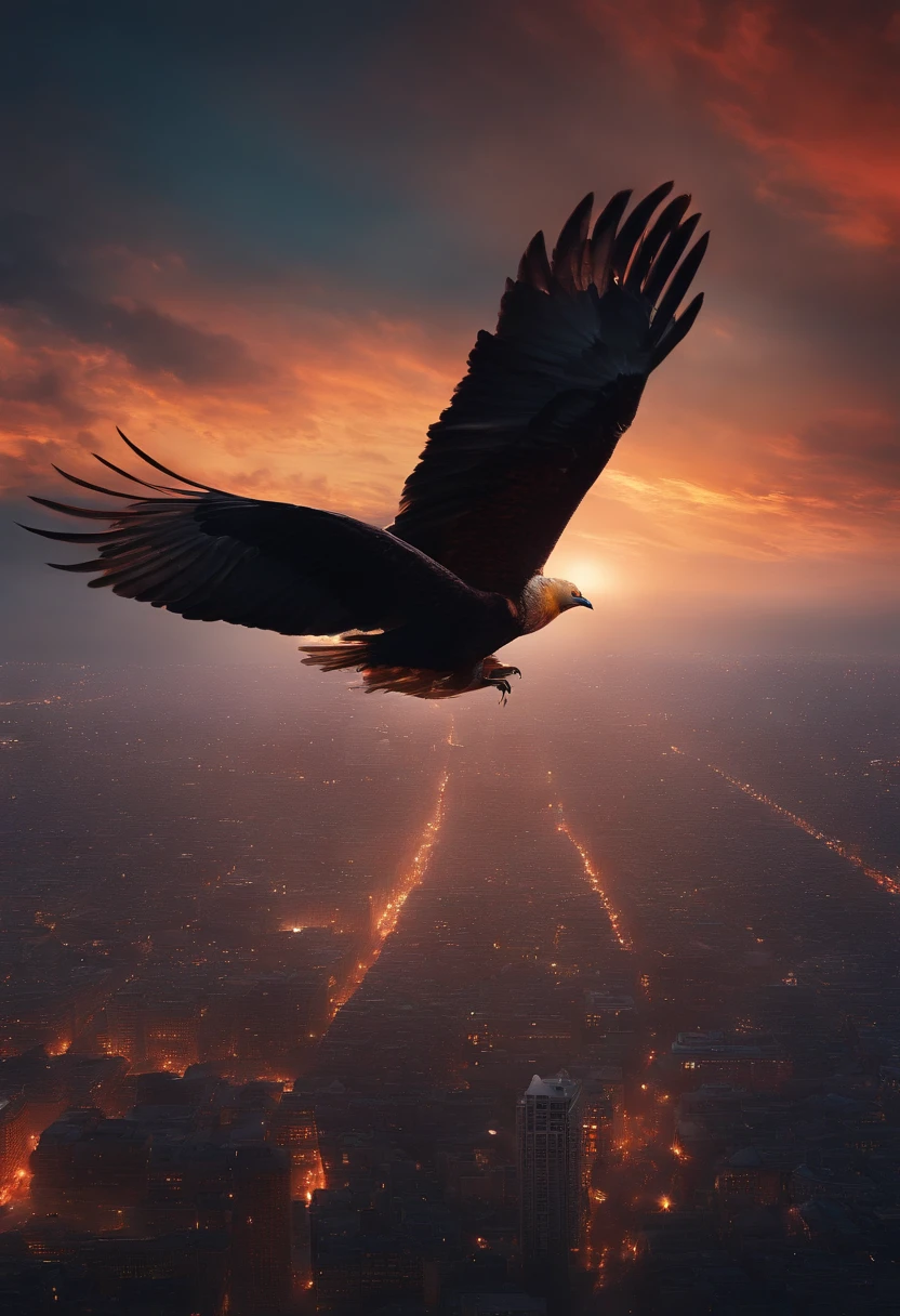 A bottom-up perspective,There is a huge bird in the sky,The mythical Peng Bird,Cities below, eerie, Creepy, nightmarish, Very bright colors, Light particles, with light glowing, Mshiv, wallpaper art, UHD wallpaper