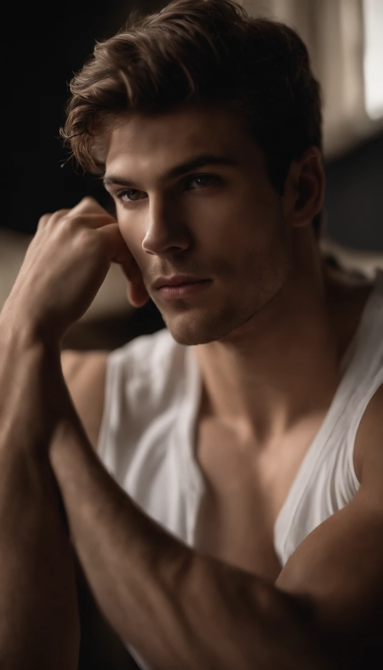 portrait of a handsome guy, fully naked, nude, 18 years old, shirtless, barechest, without beard, with black messy wavy hair, super light blue eyes, thick lips, defined muscles, fit, ripped body, full body shot, ultra highest detailed face, darmatic lighting, dim light, lay on his back on bed, legs open