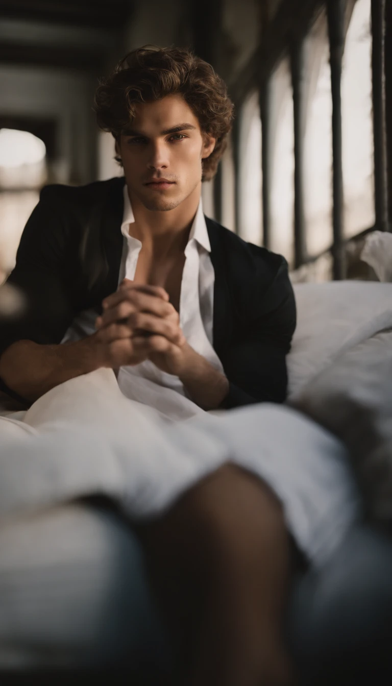 A white man, at 33 years old, model type, with short dark hair, with clear eyes, wearing arabic shirt, squatting socks and boxers with feet on the bed