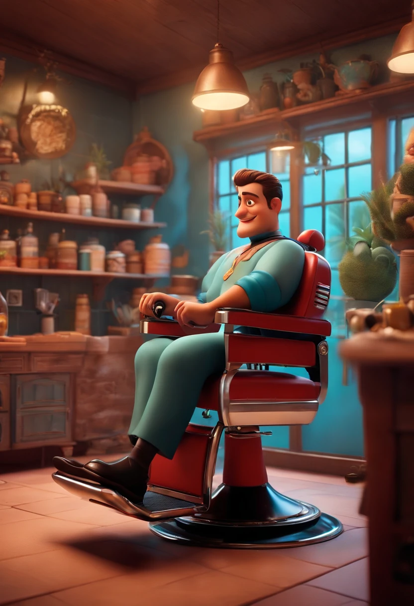 A Dream Barber Inspired by Pixar Animation, de perto. The character takes center stage with captivating facial expressions, oferecendo um toque de irrealidade, Cabelo curto e gordinho gradiente