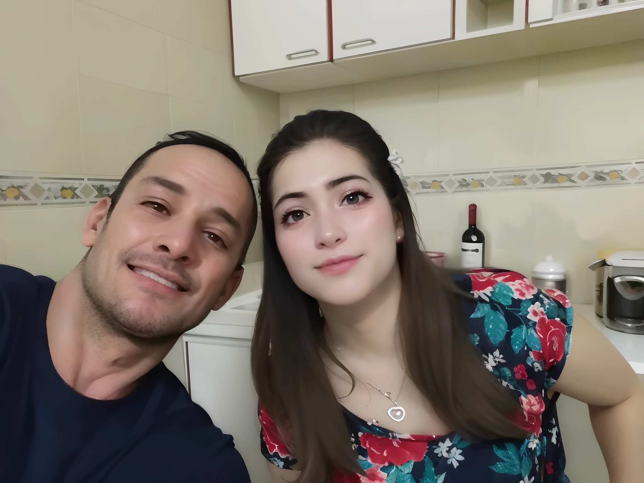 They are posing for a photo in the kitchen with a bottle of wine, imagem de perfil, Ayanamikodon e Irakli Nadar, Casal feliz, Aykut Aydogdu, foto de perfil, Lovely couple, Directed by: Nandor Soldier, imagem de qualidade muito baixa, foto de perfil, par, foto de perfil 1024px