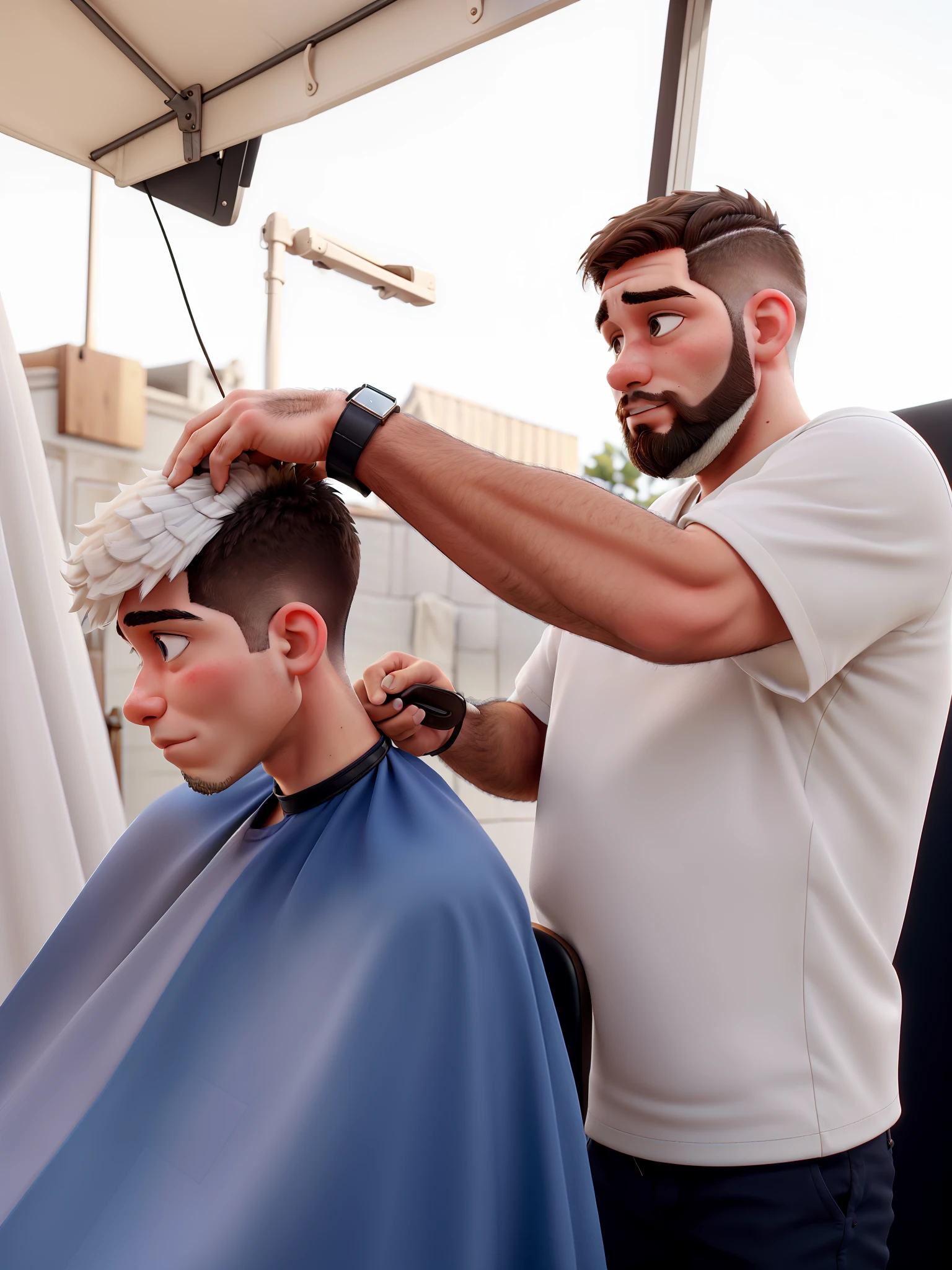 Barber standing short straight hair shaved with white skin color beard cutting hair of a boy sitting white color skin