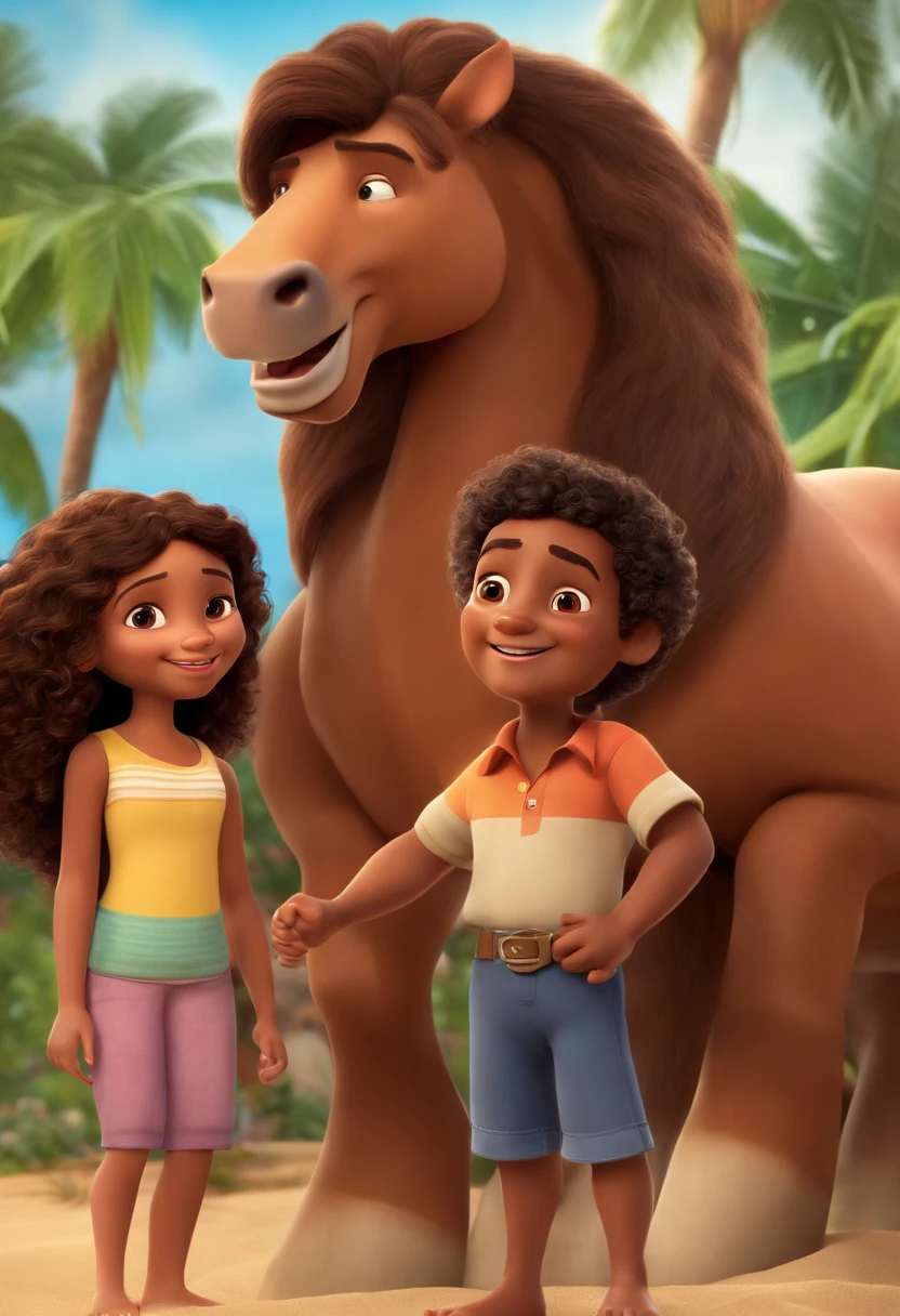 a Disney Pixar movie poster showing a brown-skinned family. The father is the tallest, Tem barba curta, moreno, cabelos curtos e espinhosos. The mother has brown eyes and hair, shoulder-length and is slightly overweight. A menina tem 9 anos e cabelos castanhos, roupa rosa e rabos de cavalo e o menino tem 6 anos, cabelo curto. The background is a beach garden. 3D-rendering