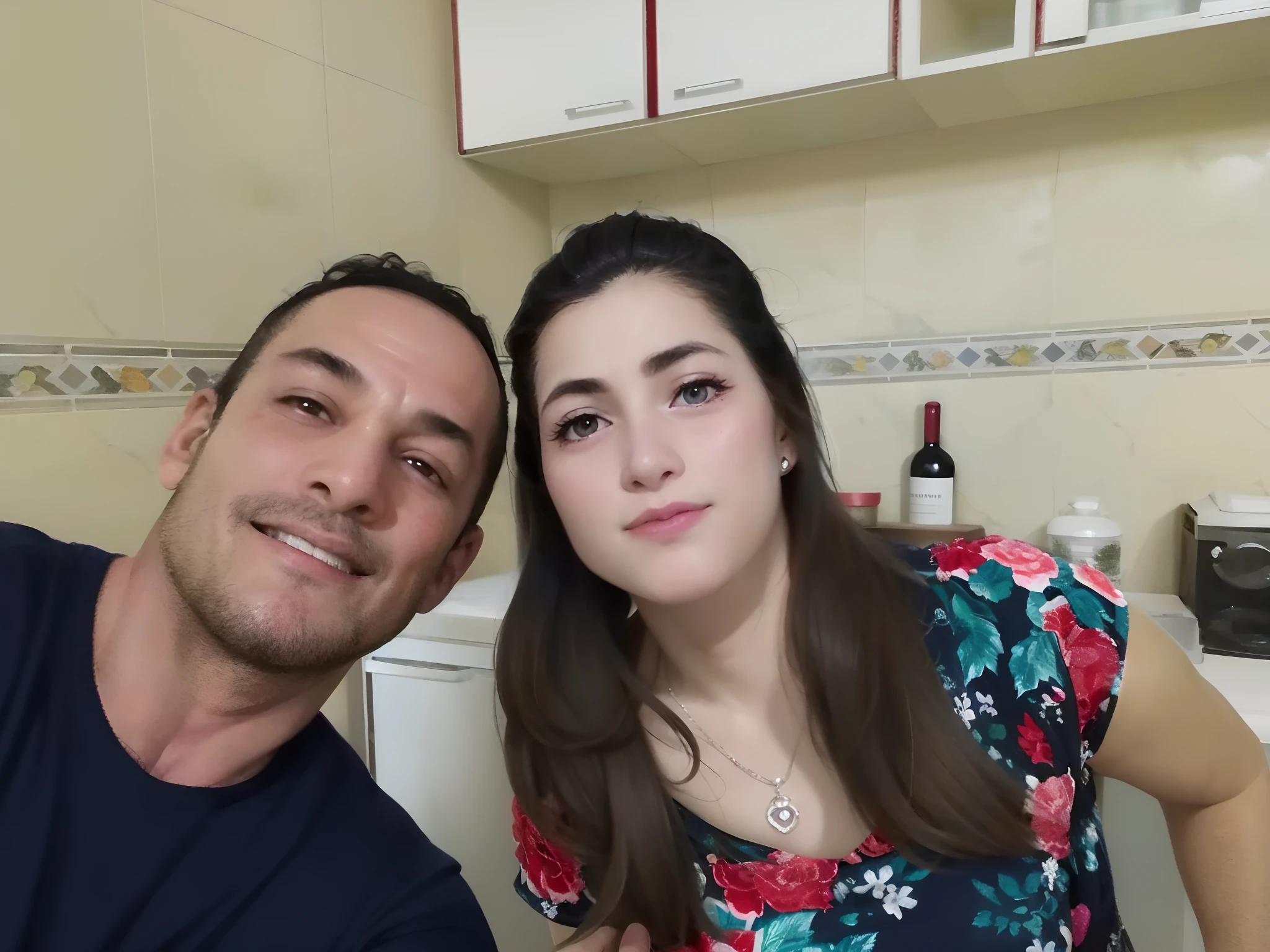 They are posing for a photo in the kitchen with a bottle of wine, imagem de perfil, Ayanamikodon e Irakli Nadar, Casal feliz, Aykut Aydogdu, foto de perfil, Lovely couple, Directed by: Nandor Soldier, imagem de qualidade muito baixa, foto de perfil, par, foto de perfil 1024px