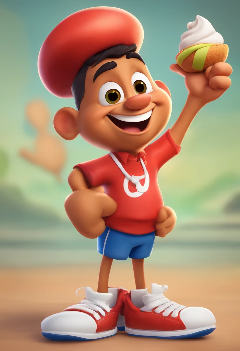 create a coxinha character, salty with a chef's hat, smiling very happily and with his hands in a thumbs up sign, and legs and feet wearing tennis shoes, cartoon style design, cartoon estyle pixar disney