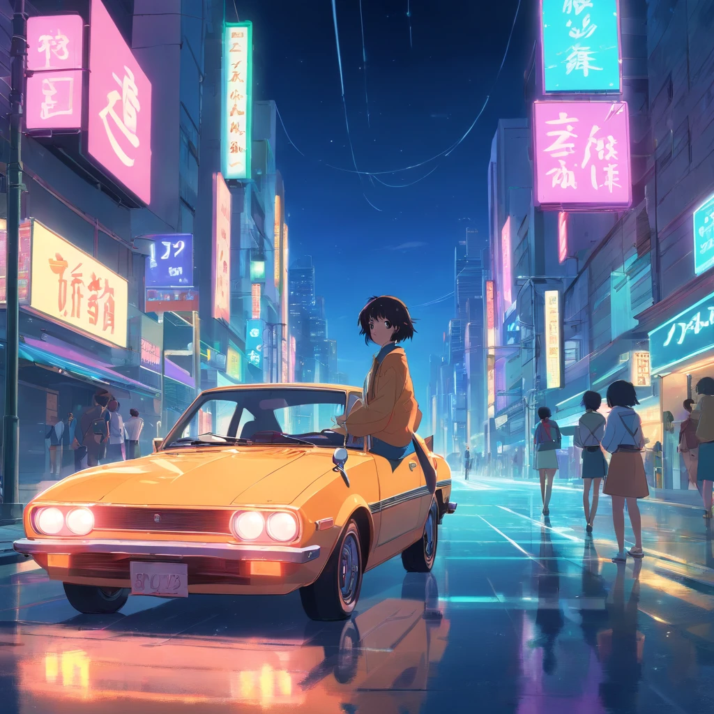 tmasterpiece, melhor qualidade, cinematic Film still from, com um chevette, neon color
