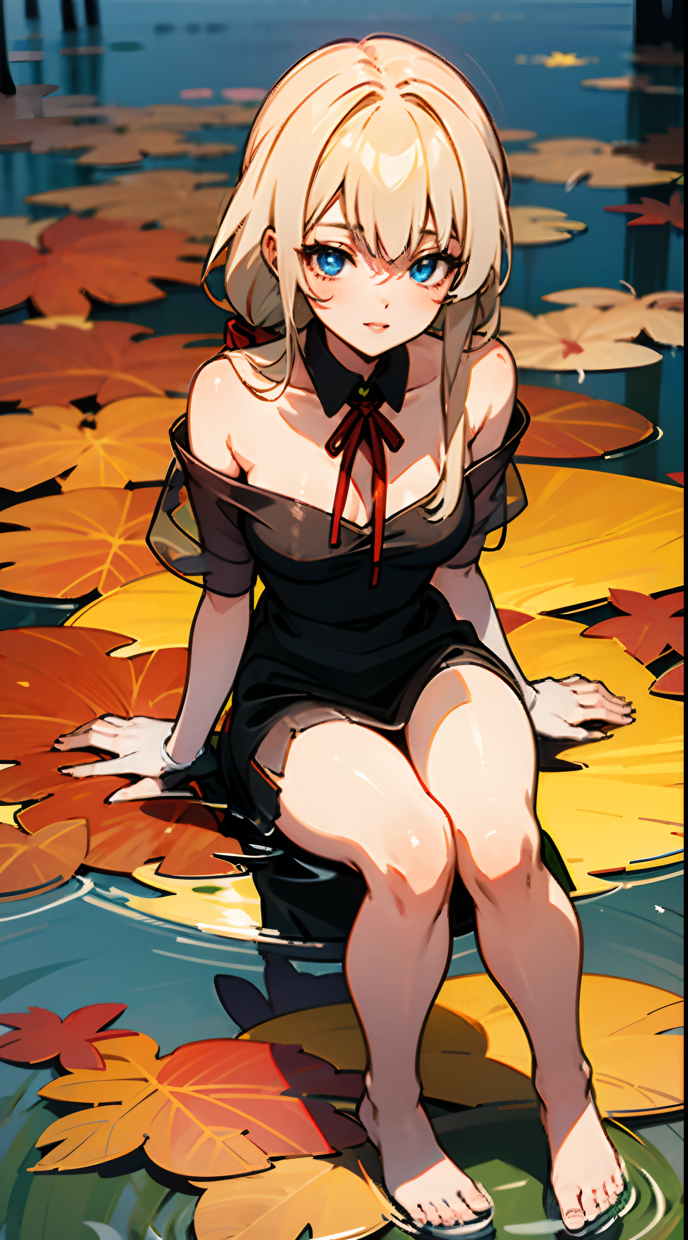 anime styled, Anime Artwork,wink,Clear eyes, Pretty lips, Beautiful girl with well-formed face,long eyelashes, Blonde hair tied with a red ribbon, A begging look, Sheer emerald green short dress in sheer fabric, fullnude,bare-legged,Draw the whole body from the top of the head to the toes。Lakeside in autumn,