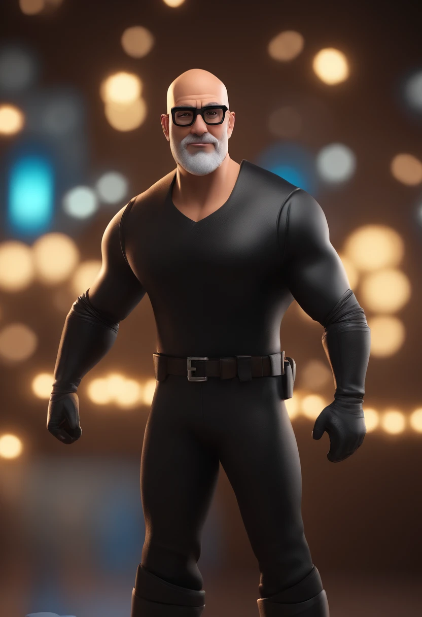 Personagem de desenho animado de um homem de 35 anos, with a shaved head and a beard, with black glasses and black shirt, animation character, Caractere estilizado, animation style rendering, 3D estilizado, Arnold Maya render, 3 d render stylized, toon render keyshot, Personagem 3D, Personagem 3D, 3d rendering stylized, 3 d character render, personagem de desenho animado, Personagem de close up, Pose de personagem, (Estilo Pixar) (master part:1.2) (Bokeh) (best quality) (pele detalhada) (textura detalhada) (8k) (argila) (Cinematic lighting) (foco nítido)