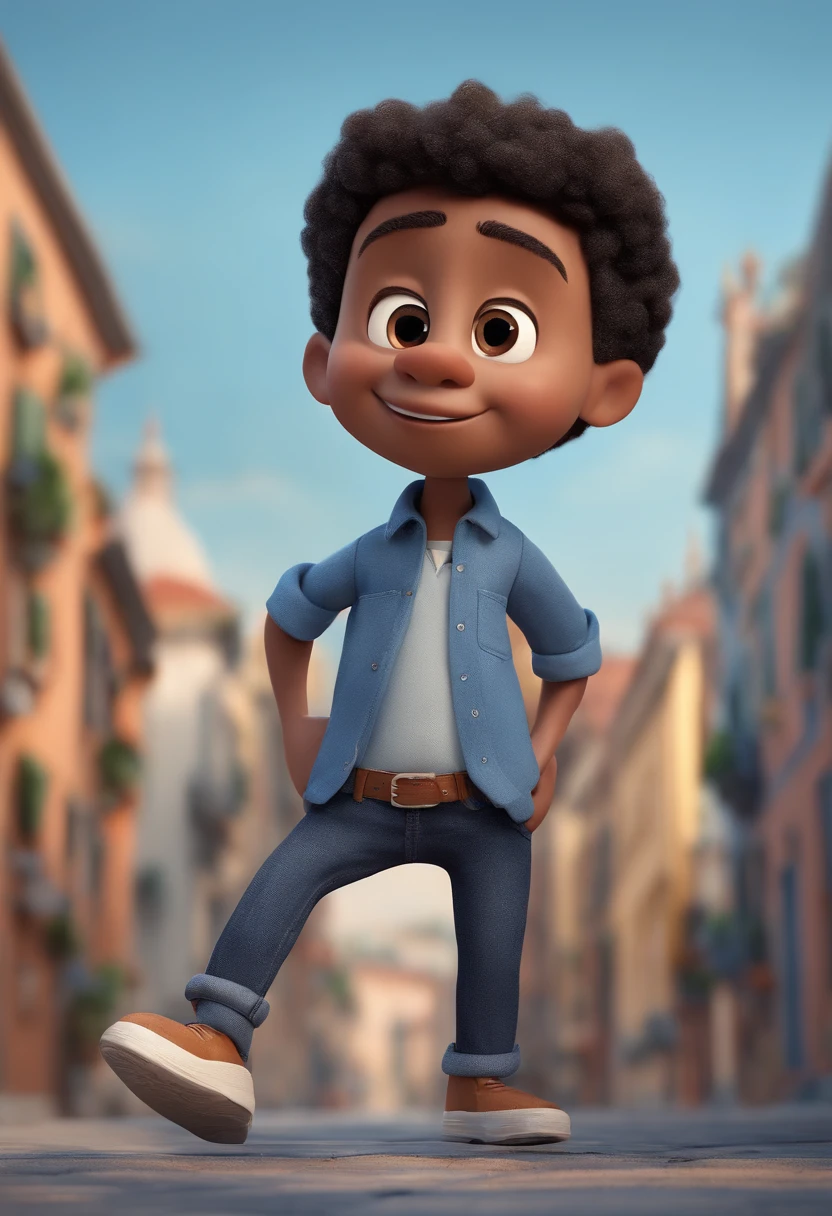 Pixar 3D cartoon character of a man in blue dress shirt sticking out of his pants, Denim Jeans Pants, black sneakers, animation character, barba curta, nariz arrebitado pequeno, orelhas pequenas, cabelos para cima,, rosto fino, com imagem de fundo no centro de uma cidade, tirando fotos de seu celular e sorrindo