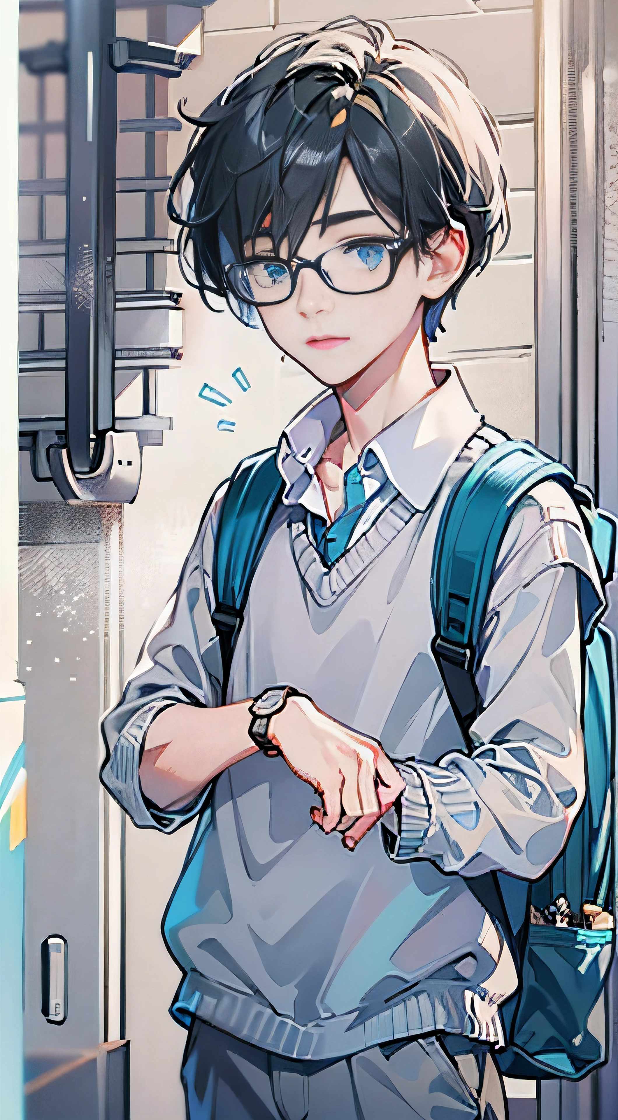 ONE BOY STUDENT , Mash black hair, wide blue eyes, long eyelashes, silver-rimmed glasses, lazy features, white skin, gray school uniform, blue watch, black backpack