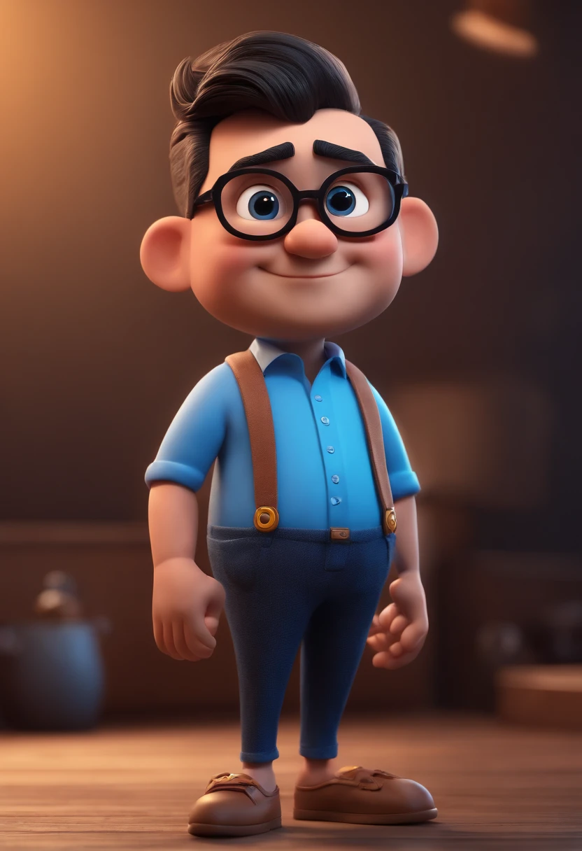 Cartoon character of a man with black glasses and a blue shirt, animation character, Caractere estilizado, animation style rendering, 3D estilizado, Arnold Maya render, 3 d render stylized, toon render keyshot, Personagem 3D, Personagem 3D, 3d rendering stylized, 3 d character render, personagem de desenho animado, Personagem de close up, Pose de personagem,  (Estilo Pixar) (master part:1.2) (Bokeh) (best quality) (pele detalhada) (textura detalhada) (8k) (argila) (Cinematic lighting) (foco nítido