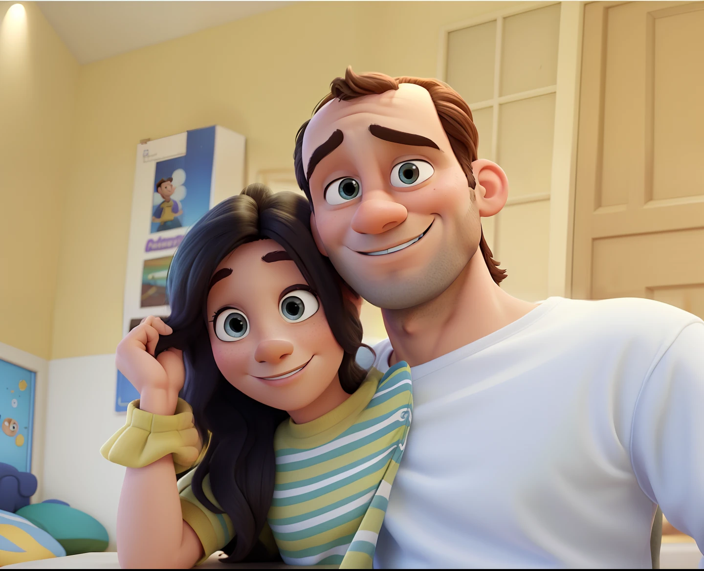 Homem de 37 anos e esposa de 34 anos, Disney Pixar poster style in high resolution,com o nome Polly e GB