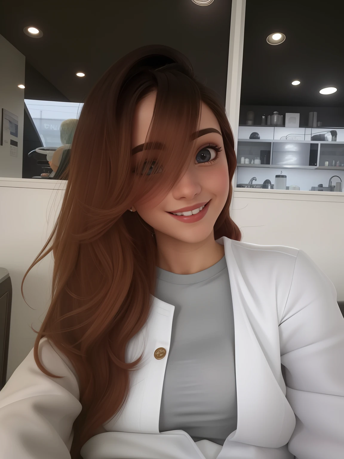 Uma mulher de 28 anos, com cabelos castanhos, Rosto definido com sorriso encantador, e olhos castanhos claros.