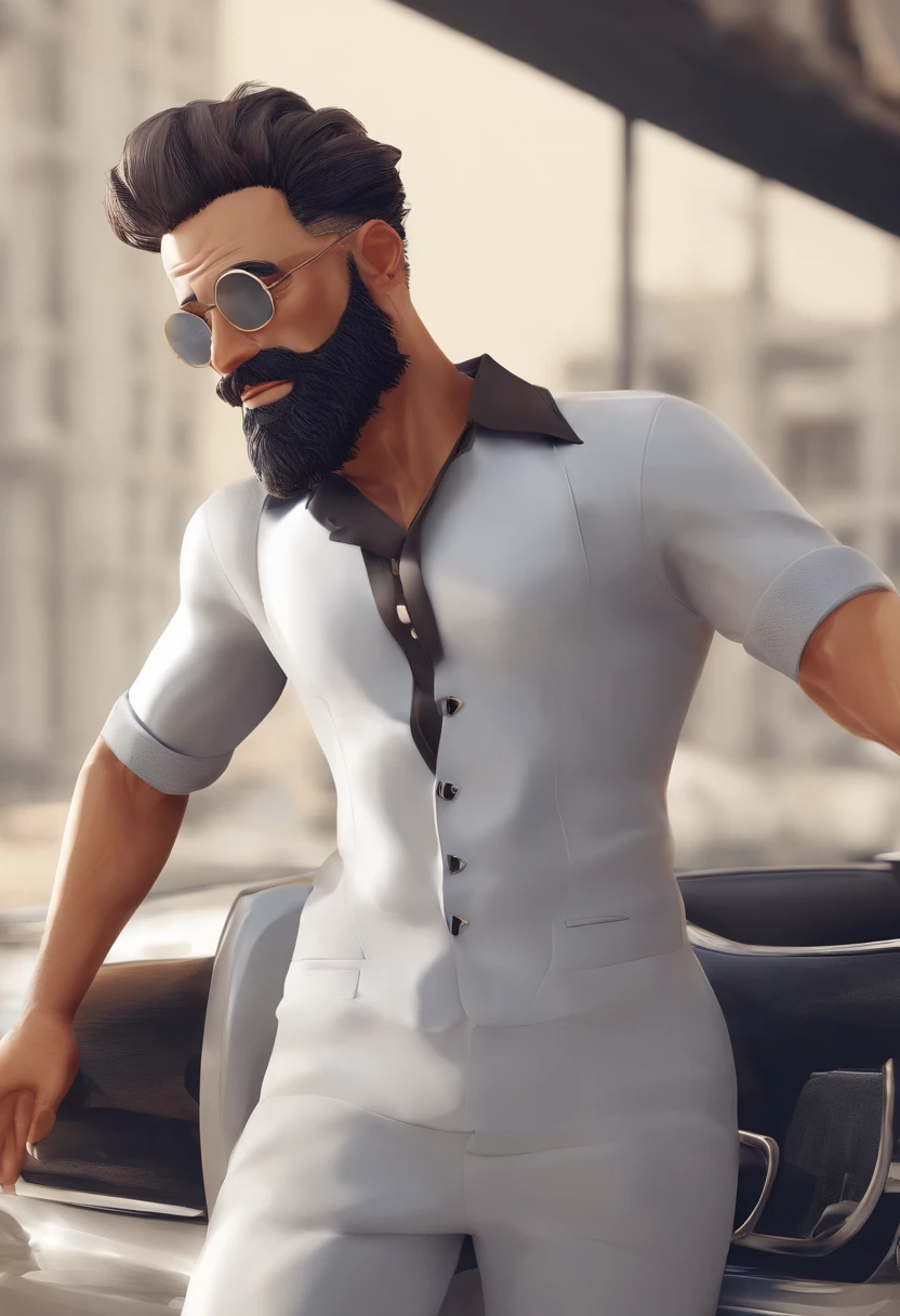 personagem dos desenhos animados de um homem bem Careca, Bald, com barba e cavanhaque, com uns fios brancos, in a cap and a blue shirt, animation character, Caractere estilizado, animation style rendering, 3D estilizado, tocando um Baixo.