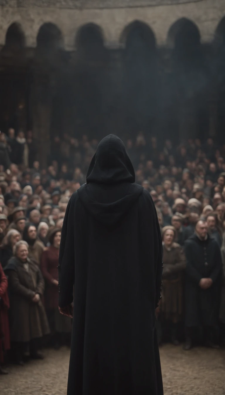 a man in a black hood standing in front of a crowd, official, main scene of the film, by Joseph Severn, symmetrical artwork. cinematic, colonial, film characters, official art, character reveal, film promo, ( (theatrical) ), seven, character portraits, alexander hamilton style, live action film, 8 k