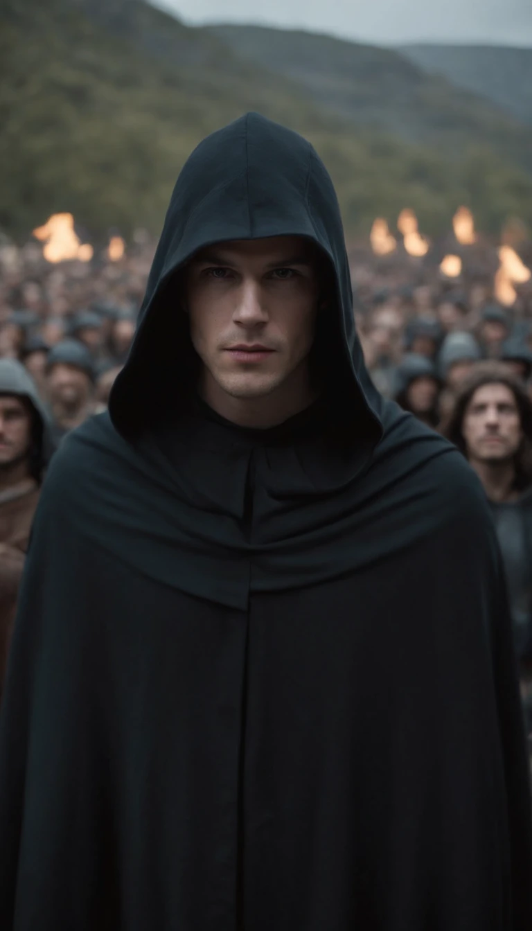 a man in a black hood standing in front of a crowd, official, main scene of the film, by Joseph Severn, symmetrical artwork. cinematic, colonial, film characters, official art, character reveal, film promo, ( (theatrical) ), seven, character portraits, alexander hamilton style, live action film, 8 k