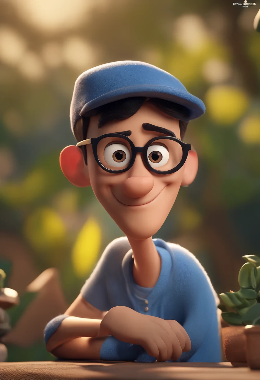Cartoon character of a man wearing black glasses and a blue shirt, um personagem animado, Caractere estilizado, animation style rendering, 3D estilizado, Arnold Maya render, 3 d render stylized, toon render keyshot, Personagem 3D, Personagem 3D, 3d rendering stylized, 3 d character render, personagem de desenho animado, Personagem de close up, Pose de personagem, (Estilo Pixar) (master part:1.2) (Bokeh) (best quality) (pele detalhada) (textura detalhada) (8k) (argila) (Cinematic lighting) (foco nítido，Senta e vaza a parte superior do corpo