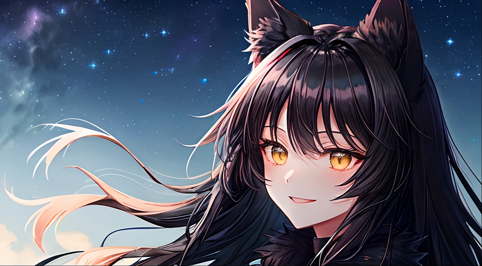 (((Night Sky Background))), Dark background, night time, Wolf Girl, (((Black wolf ears with white fur inside))), black hair, Green eyes, ((Narrowed)), Smiling, hair fluttering in the wind, night sky, Two moons, ((Black Military Jumpsuit)), Shoulder-length painting