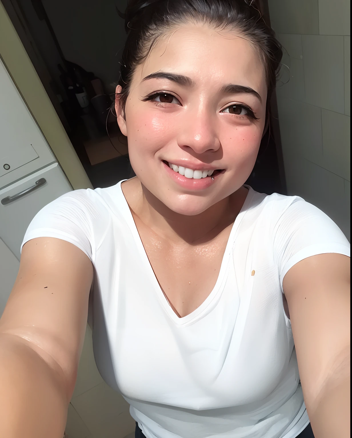 There's a woman taking a selfie in the bathroom, seu rosto ruborizado e suor, seu rosto enlameado e suor, sem maquiagem, pele suada!!, sujo e suado, rosto suado, her face is coated in a white, selfie de uma jovem mulher, her face is coated in a whitish, suado e sujo, pele suada escorrendo pelo rosto, suando intensamente